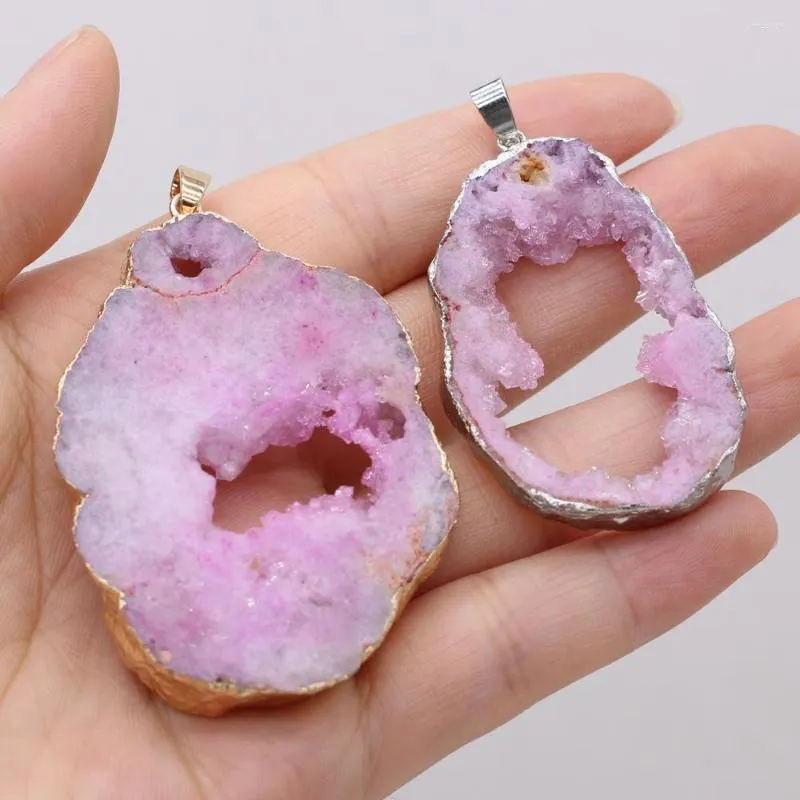 Pendant Necklaces Natural Pink Druzy Agates Charms Irregular Plating For Jewelry Making DIY Necklace 40x30x6mm-50x30x6mm