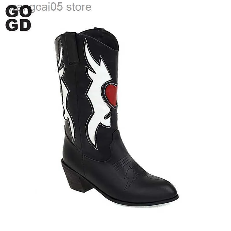 Botas GOGD Red Heart Western Cowboy Boots Couro Botas Femininas Slip On Bico Pontudo Knight Boots for Women Shoes Retro Botas T230713