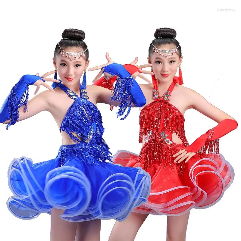 Abbigliamento da palcoscenico Ragazze Costumi di danza latina Stile Abbigliamento da ginnastica per bambini Paillettes Nappe Abbigliamento da competizione