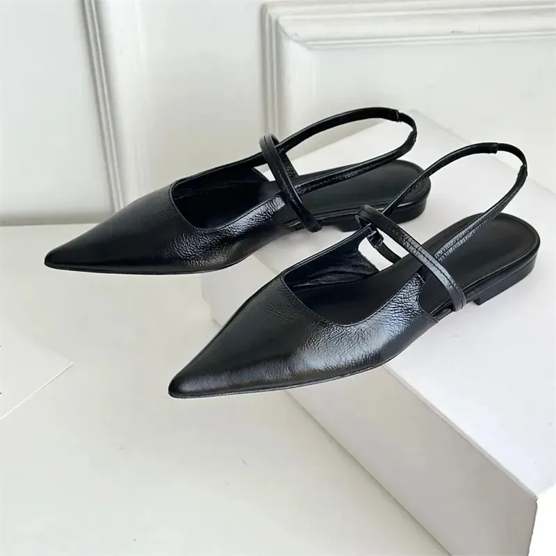 Designer hochhackige Damen spitze formelle Schuhe Leder flacher Mund Rückenriemen schwarze Damensandalen 34-40