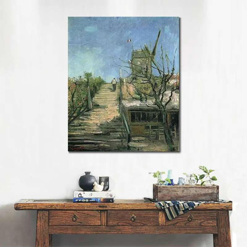 Lienzo impresionista, molino de viento en Montmartre, pintura hecha a mano de Vincent Van Gogh, obra de arte de paisaje, decoración moderna para sala de estar