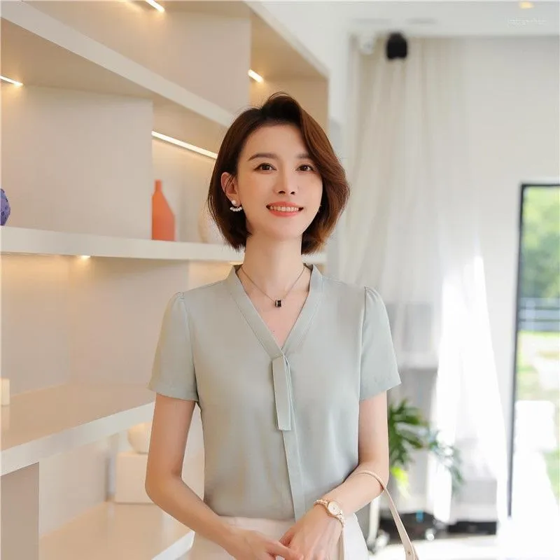 Women's Blouses 2023 Summer Office Ladies Work Wear Short Sleeve V-neck Blouse Female Tops Clothes OL Simple Casual Interview Shirt For