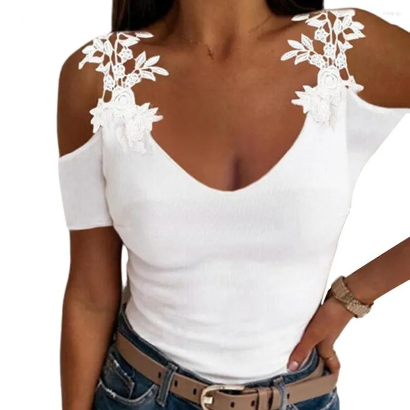 Women's Blouses Cutout Lace Top Elegant Flower Off Shoulder Summer Slim Fit U Neck Blouse For Soft Stylish Look Elastic Women