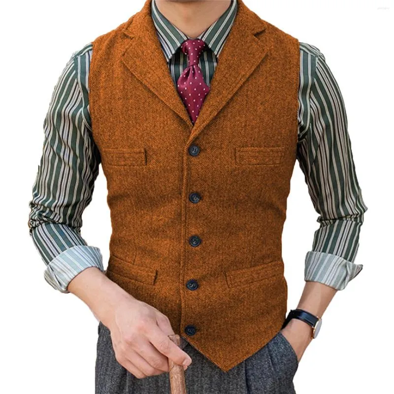 Herrenwesten Herrenanzugweste Orange Tweed Herringbone Voller Hals Einreiher Casual Formal Business Groomman für Hochzeit 2023