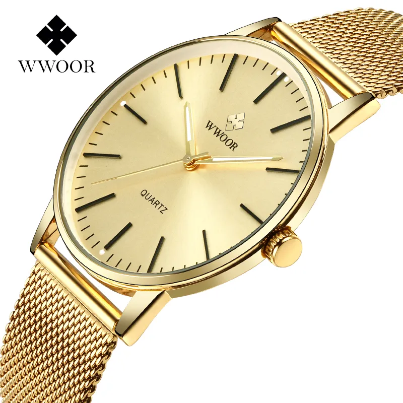 2022 Wwoor Top Brand Brand Gold Mens Watch Oltra Thin Simple Men Quartz Watch Watches Водонепроницаемые сетки.
