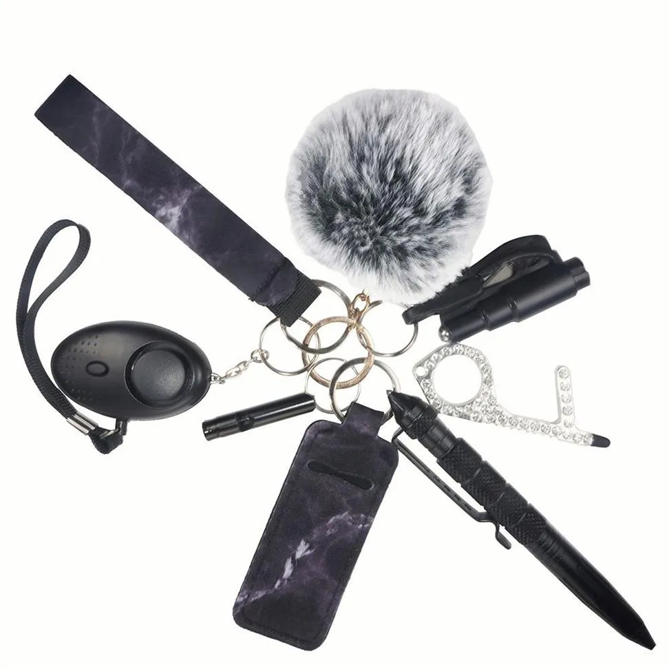 自己防衛リング女性のためのブラックキーチェーンPortachiavi Donna Alarm Tactical Pen Personal Defence Key Chain Set Girls Gifts Armas306W