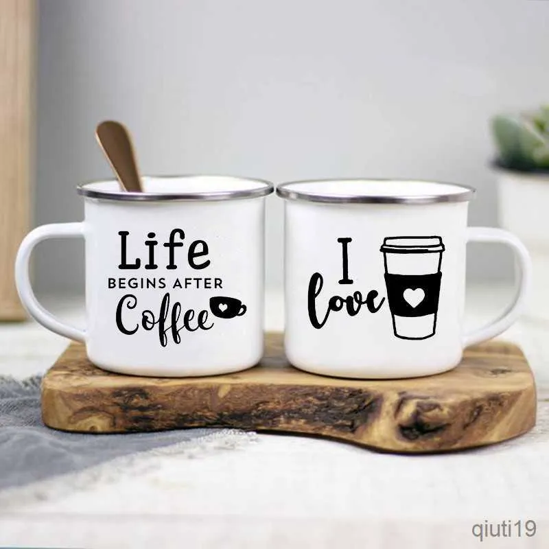 Mugs Life Begins After Coffee Print Mugs Creative Coffee Tea Drink Dessert Breakfast Milk Cup Enamel Mugs Handle Drinkware Best Gifts R230713