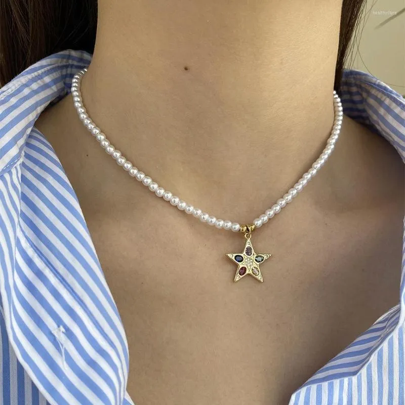 Pendant Necklaces Five-pointed Star Gold Colour Imitation Pearl Necklace Women Collar Stainless Steel Buckle Package