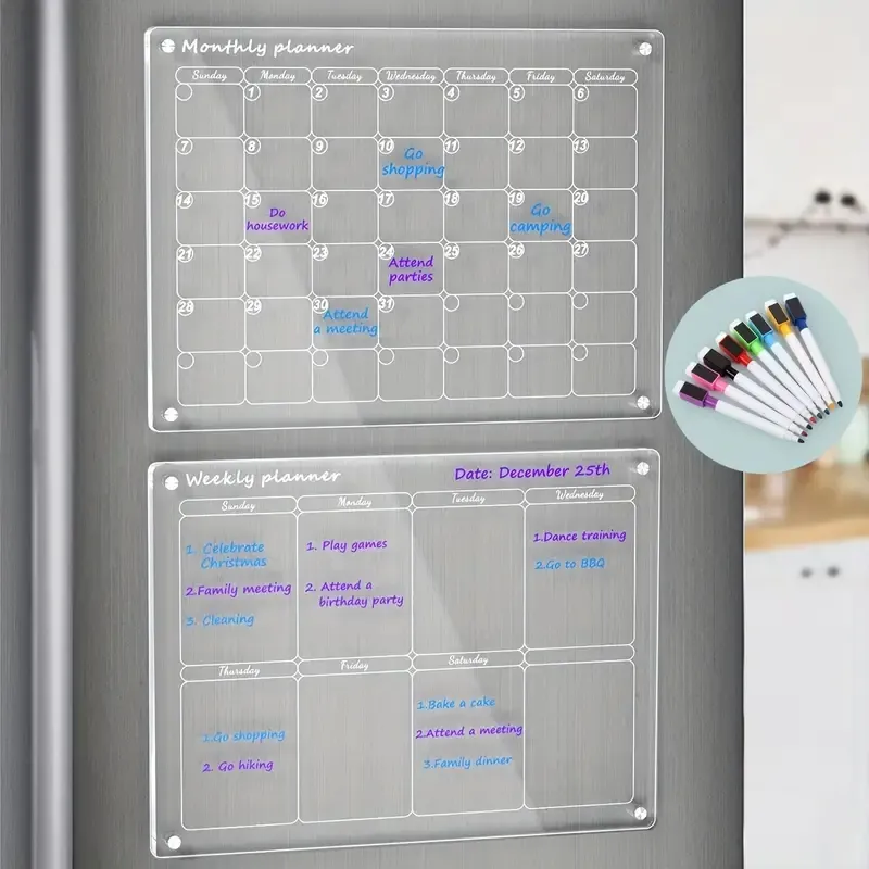 التقويم الشهري والأسبوعي الأكريليكي للثلاجة ، 2 مجموعات تقويم مسح جاف مغناطيسي واضح للثلاجة ، قابلة لإعادة الاستخدام