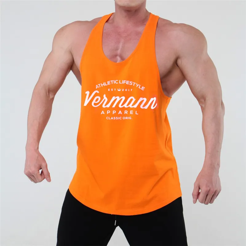 Herrtankstoppar orange bodybuilding långärmad enkelkropp gym väst för mäns fitnesskläder mode bomull ärmlös sportkläder 230713