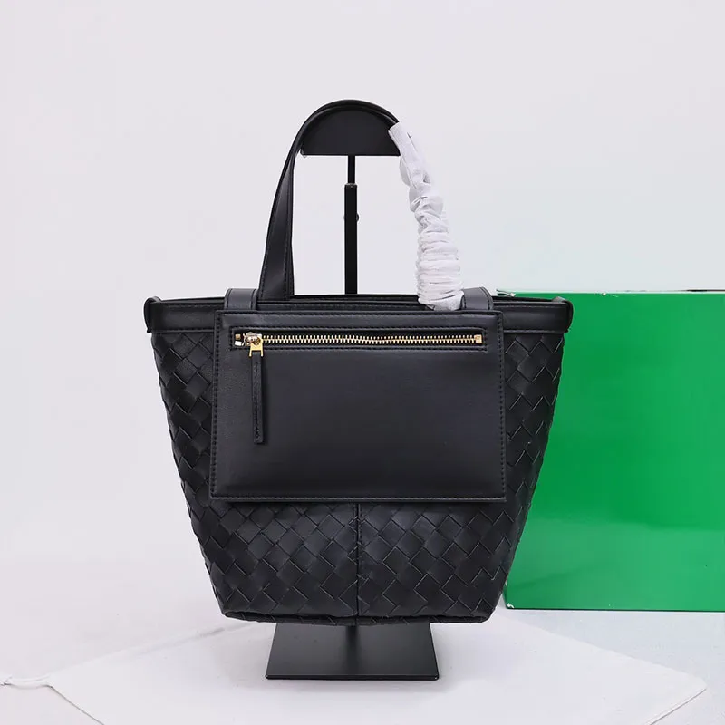 Woven Tote Shopping Bag Handbag Purse Genuine Leather Internal Zipper Pocket Fashion Letters Women Shoulder Bags Plain Vegetable Basket 23cm