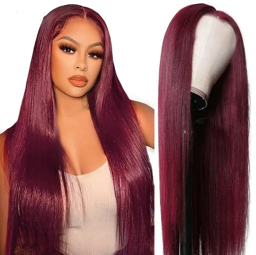 26 Inch 99j Lace Front Pruik Tranparent Lace Front Menselijk Haar Pruiken Rood Gekleurde Bordeaux Kant Pruik 13x4 Rechte Kant Frontale Pruik