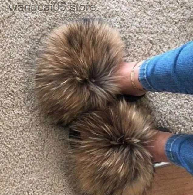 Slippers 2021 Real Fox Fur Slides Wholesale Forry Sliders Women Ladies Fur Slippers Hand Mada Quality Quality T230713