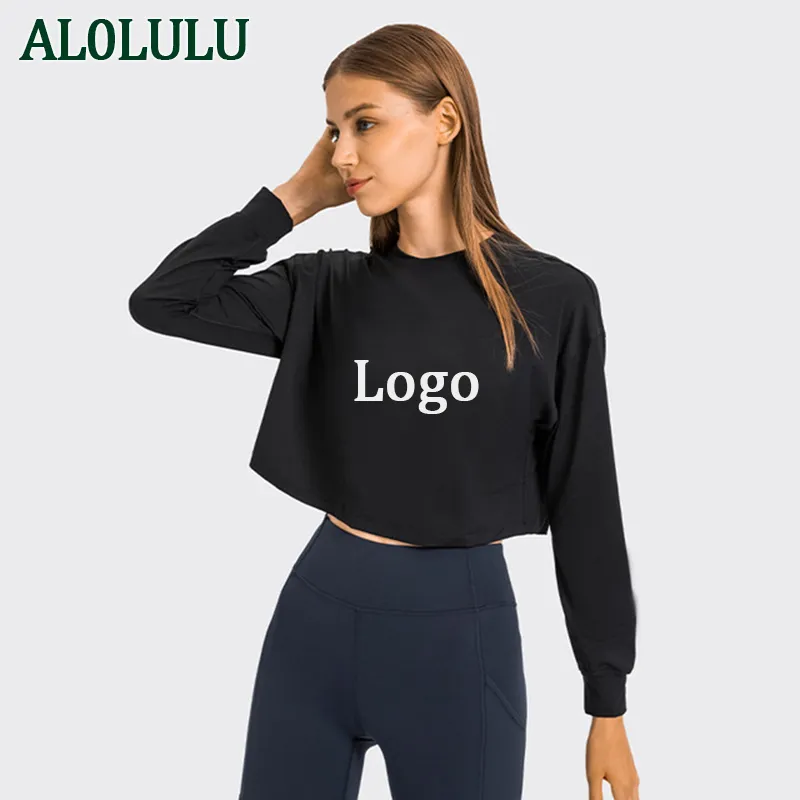 Al0lulu Yoga Topsレディーススポーツトップスリムな長袖フィットネス服エクササイズトレーニングTシャツガール新しいファッションピンク白い黒いワークアウトトップ
