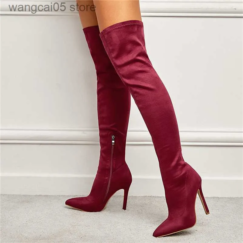 Bottes 2023 femmes sur le genou bottes hautes dame 11 cm talons hauts sexy longue cuisse hiver bordeaux chaussons fétiche talons aiguilles chaussures T230713