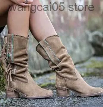 Boots Autumn Bohemian Boots Women Ethnic Tassel Fringe Faux Suede Leather Mid half Boots Woman Square Heel Shoe Booties rtg5 T230713