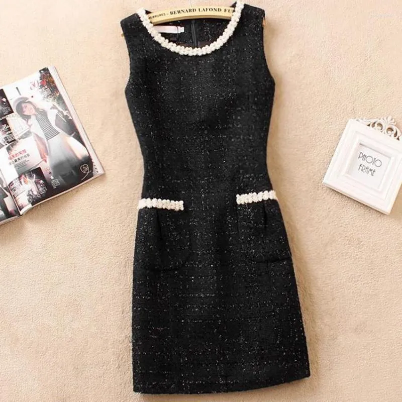 Urban Sexy Kleider Freizeitkleider Kleiner Duft Herbst Winter Tweed Wollweste Kleid Frauen Perlen A-Linie Party Plus Größe 3XL