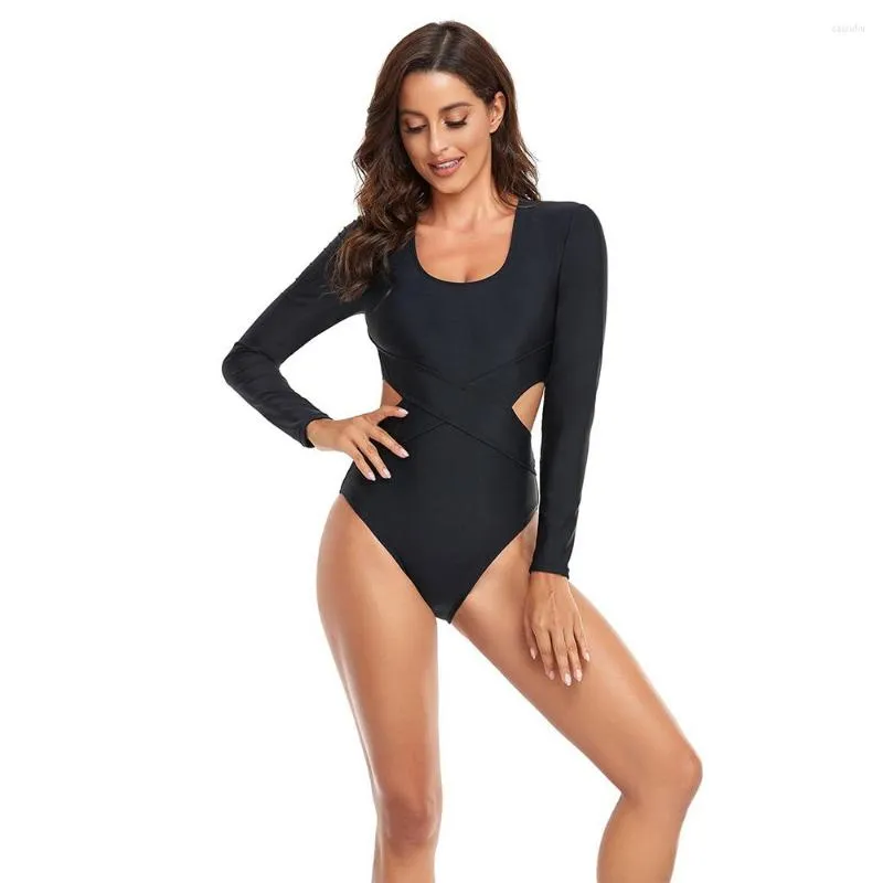 Costumi da bagno da donna 2023 Sexy Fashion Solid Black Tuta da surf a maniche lunghe monopezzo Sport acquatici Protezione solare Fast Dry Beach Swim