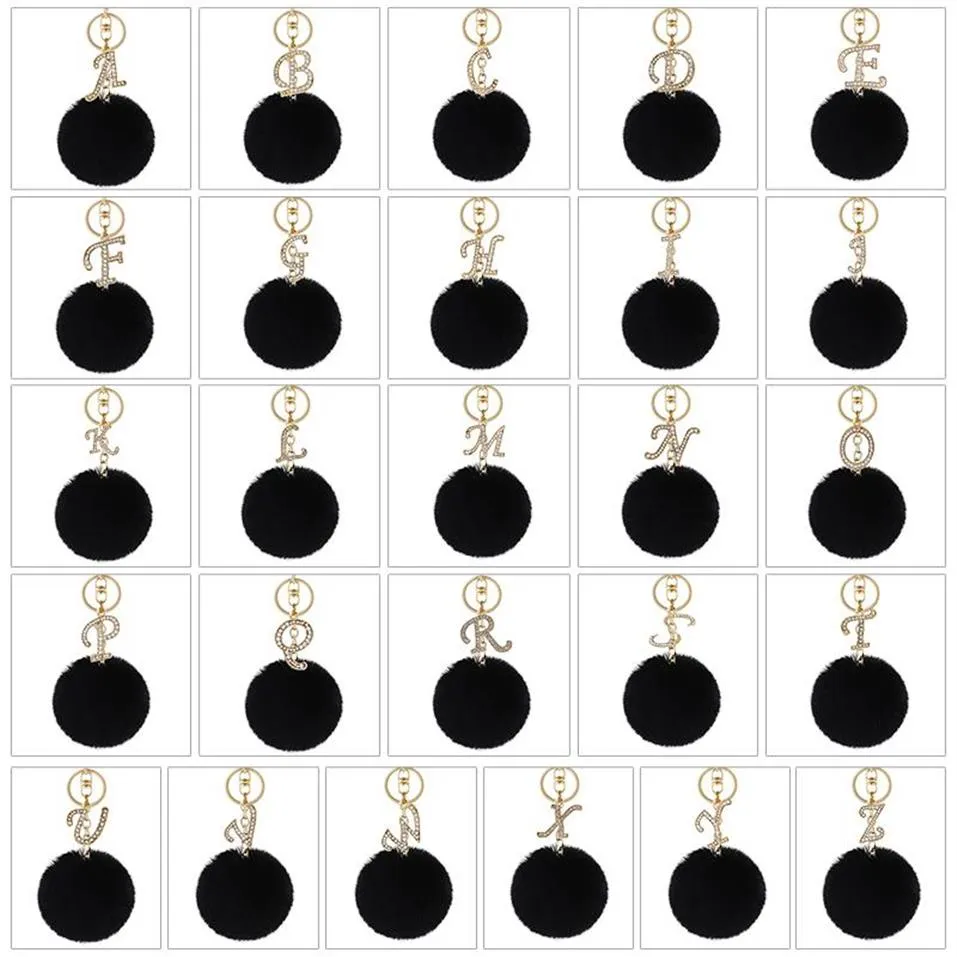 Porte-clés mode lettre porte-clés à la mode créatif noir peluches 26 anglais initial diamant sac à main porte-clés accessoires pour femmes238R