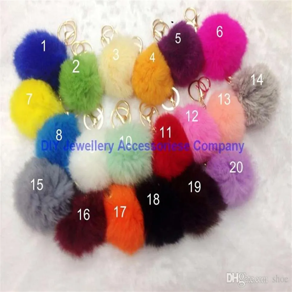 DHL 100pcs mélangé 20 couleurs véritable boule de fourrure de lapin porte-clés en peluche pom pom porte-clés pour voiture porte-clés sac pendentif keychain274h