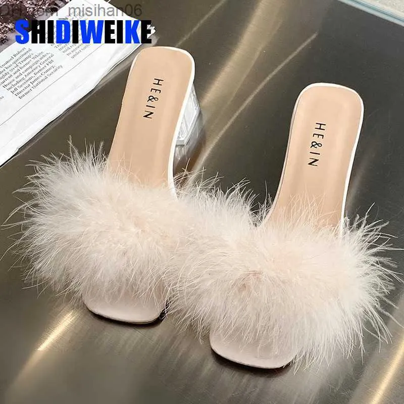 Slippers SDWK 5CM Zomer Pluizige Urine Teen Sexy Hoge Hakken Damesschoenen Bontveer Damesmode Bruiloft Glijden Vierkante Teen Damessandalen Z230713