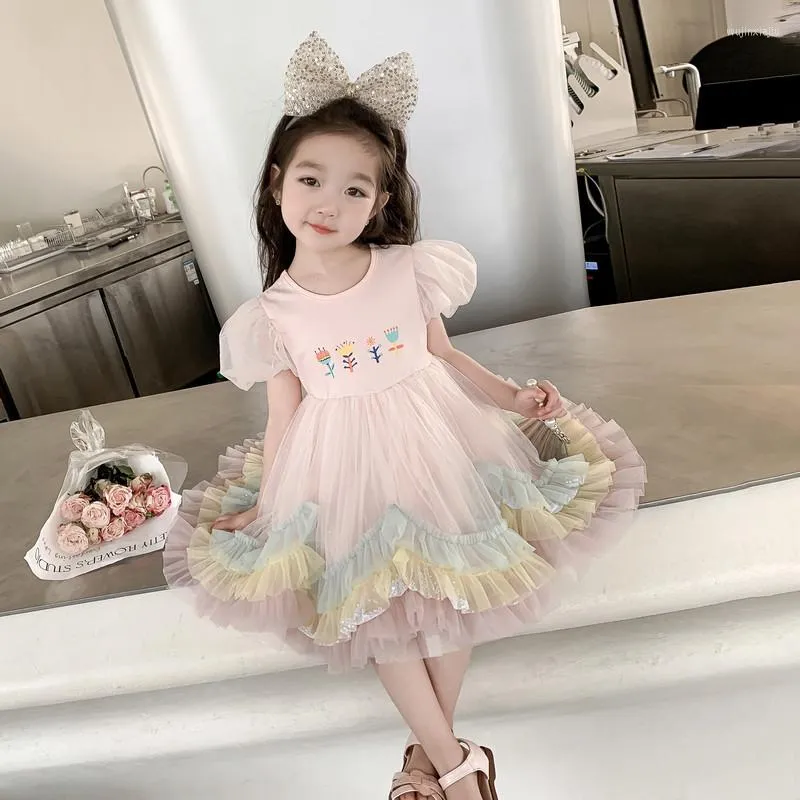 Girl Dresses Bubble Sleeve Colorful Dress Super Fairy Peng Gauze Performance Skirt For Childern Girls Clothing 3 To 8 Years Old Summer