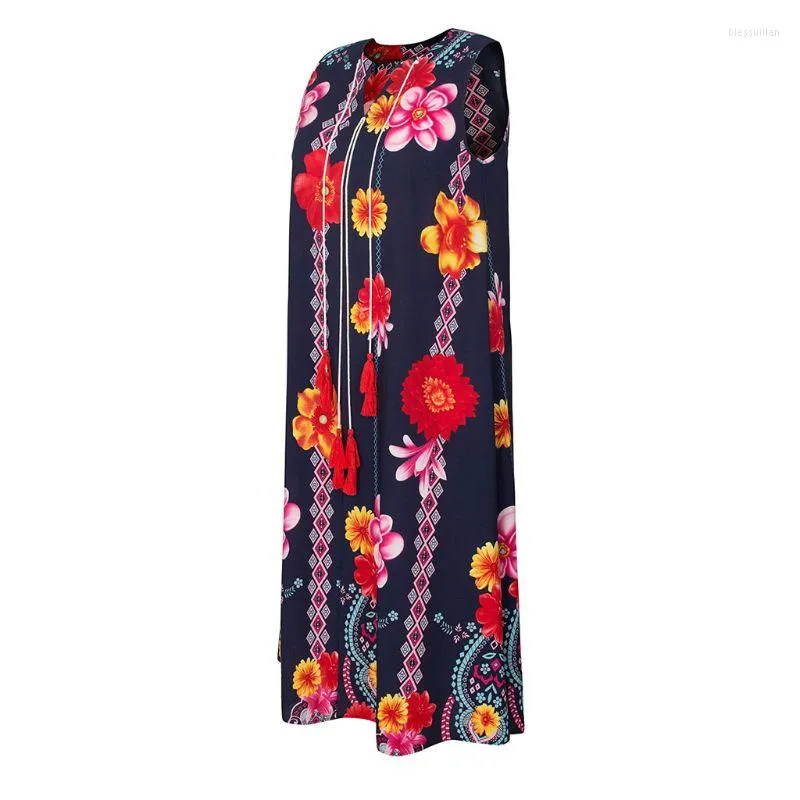 Sukienki swobodne kobiety w rozmiarze boho v szyi bez rękawów boczna kieszeń kwiecista kwiatowy nadruk bawełniana sukienka midi u4lf