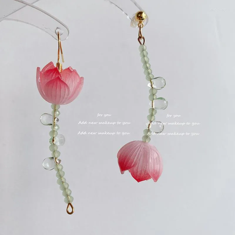 Dangle Earrings Fashion Lotus Asymmetrical Drop For Women Girls Painting Pink Flower Pendientes Oorbellen Jewelry Gifts