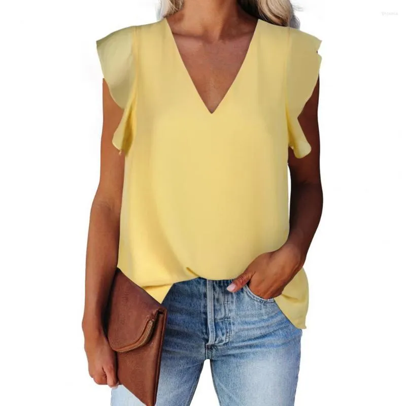 Kvinnor BLOUSES SHIRT V NECK SOLID FÄRG SLEEVE LOOK Lätt chiffong Double-Layer Patchwork Short Lady Summer Woman Top