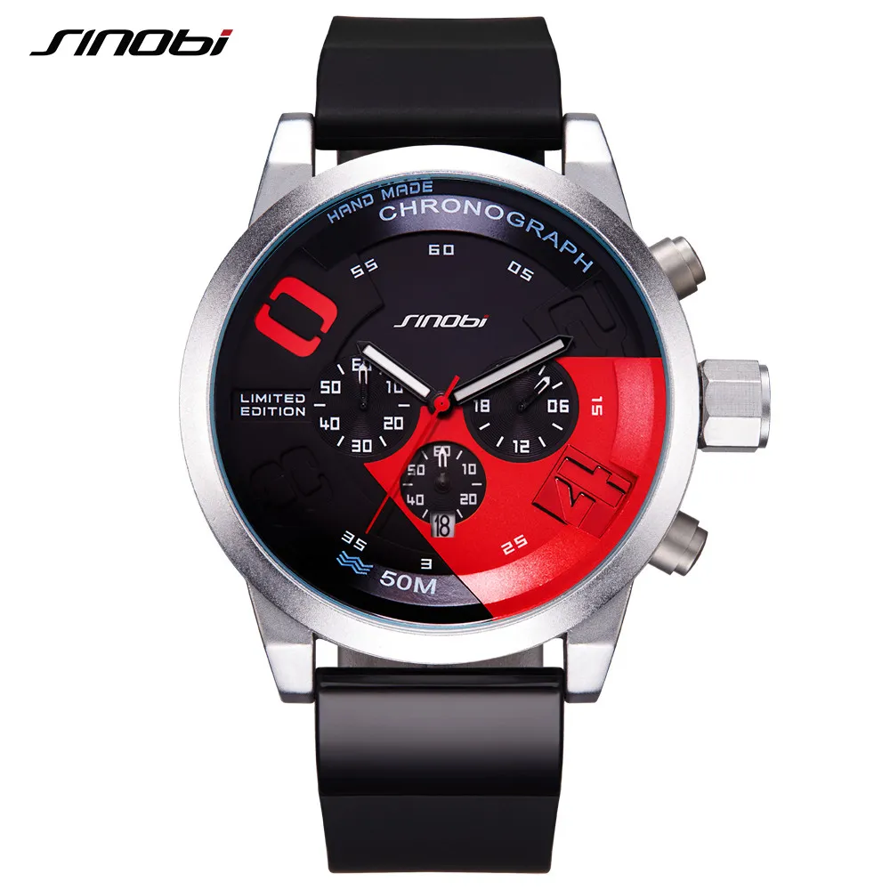 SINOBI Men Sports Watches Waterproof Black Dial Males Chronograph Quartz Wrist Watch 2017 New Fast Furious Relogio Masculino