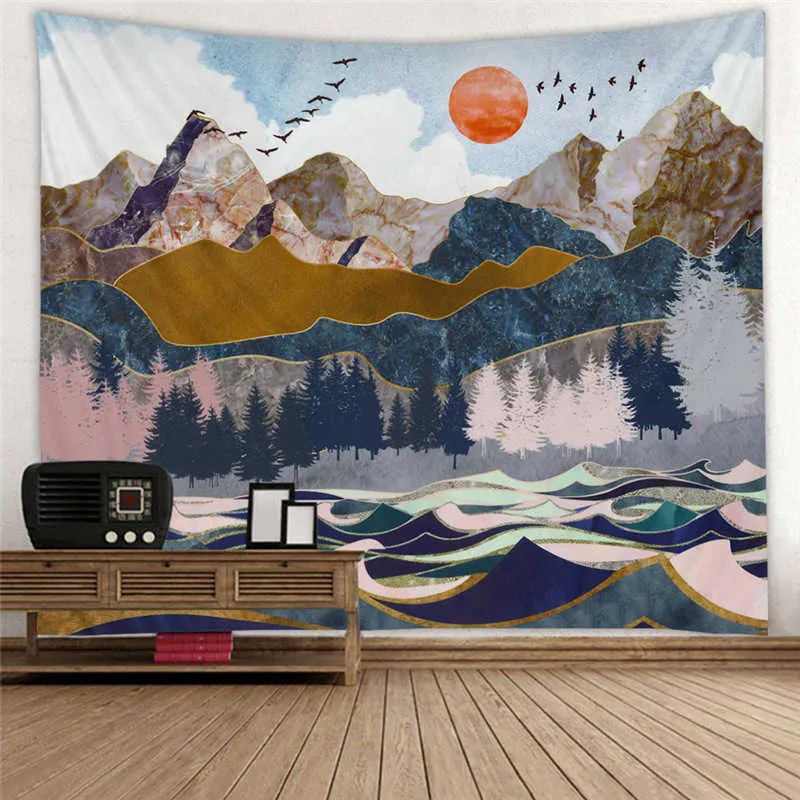 Tapisseries Paysage Abstrait Coucher de Soleil Montagne Tapisserie Tenture Murale Décor de Chambre Forêt Tie Dye Grande Tapisserie Boho Trippy Dortoir HD Tissu