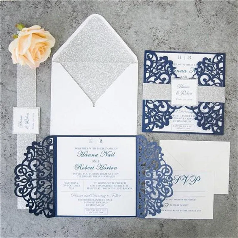 Fall Wedding Card Uitnodiging Verjaardag Groeten Green Laser Cut Rose Design Aangepaste tekstdruk Glittery Liner lop 220711