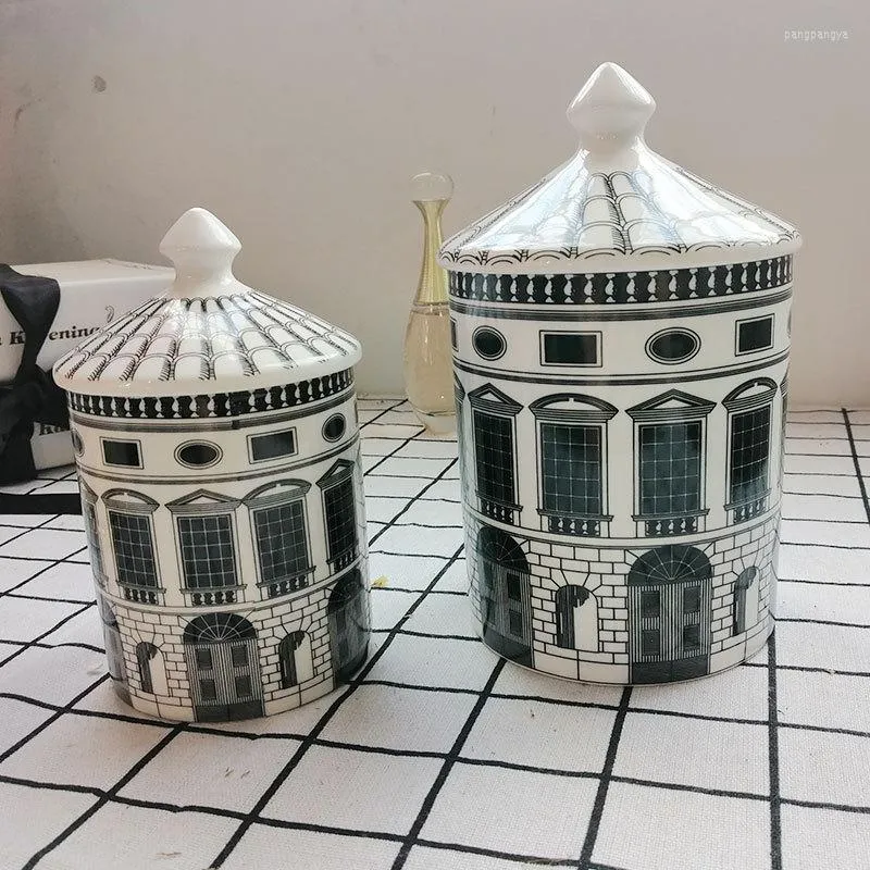 Storage Bottles Nordic Classical Black And White Architectural Art Ceramic Decorative Pot Tank With Lid Square DimSumPlateDecorativeTray