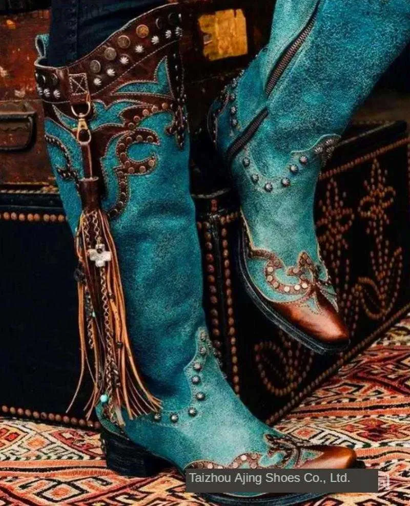 Bottes Vintage bottes d'équitation femmes gland Punk Cowboy bottes 2020 automne femme mode bottes hautes talon épais T230713