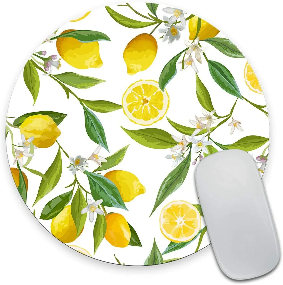 Tappetino per mouse rotondo con pittura a limone ad acquerello Arte Frutta al limone con motivo a fiori e foglie Tappetini per mouse circolari