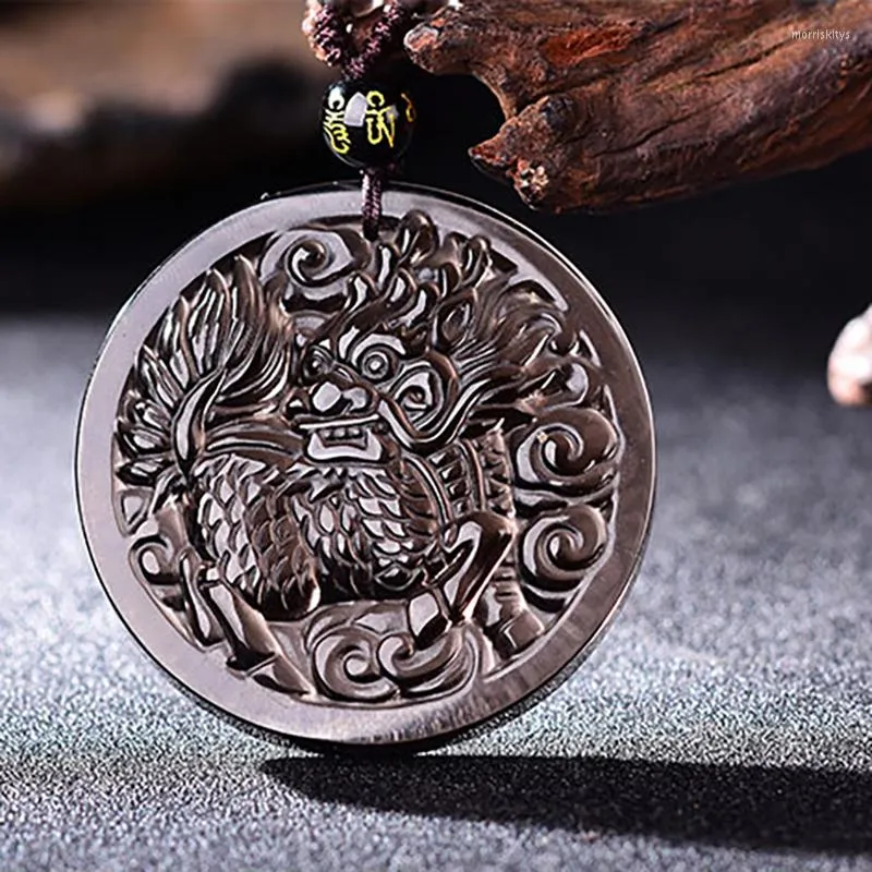 Pendant Necklaces Drop Ship Natural Stones Handwork Obsidian Chinese Dragon Kylin Lucky Amulet Pendantl Beads Necklace Fashion Jewelry