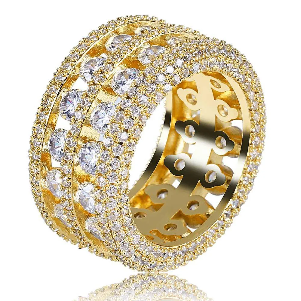 With Side Stones Double Rows Rings Hip Hop Shining 18K Real Gold Plated Cubic Zircon Diamond Finger Ring Jewelry Drop Delivery Dheae