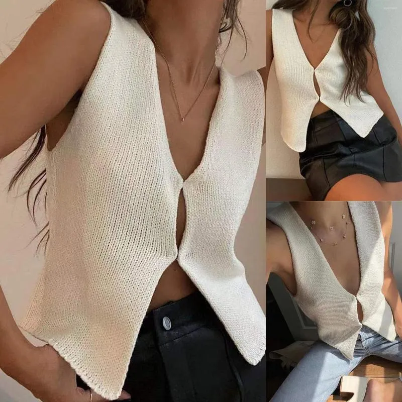 Women's Blouses Sexy Sleeveless Knit Sweaters Vest For Women Solid Crochet V Neck Top Hollow Out Button Down Tank Tops Korean Blouse Y2k