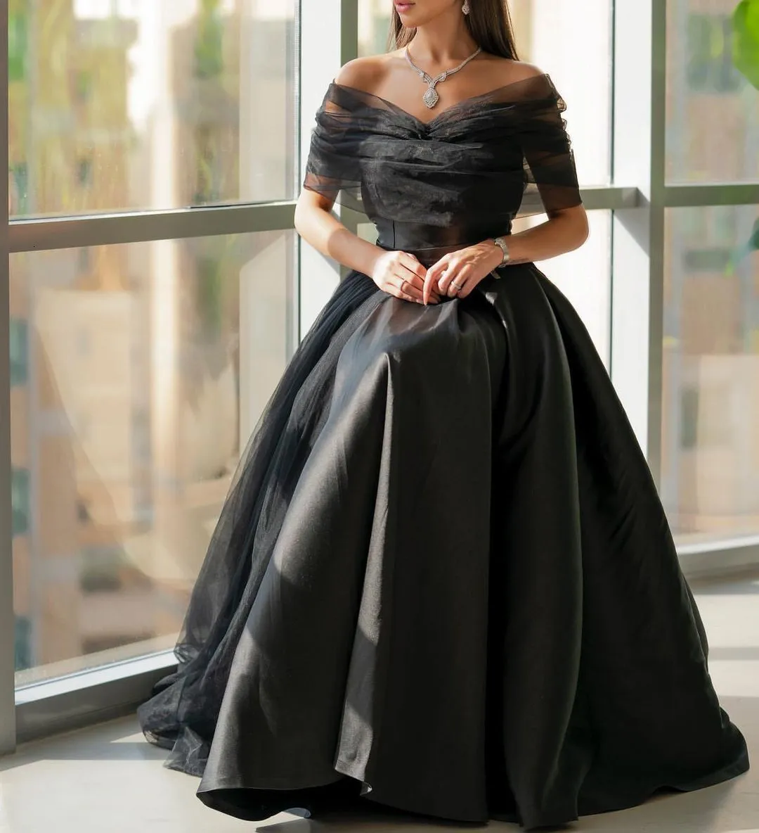 Urban Sexy Dresses Saudi Arabia Women Black Satin Evening Dress Tulle Ruched Off Shoulder Prom Zipper Back Formal Party Gowns 230712