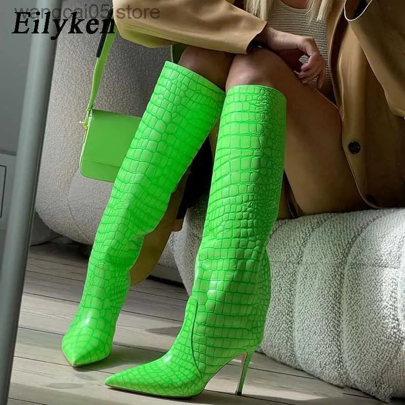 Buty Eilyken marka fluorescencyjna zielona niebieska odile skórzana skórzana kobiety kolanowe buty Obcasy spiczasty palce jesienne buty czarne T230713