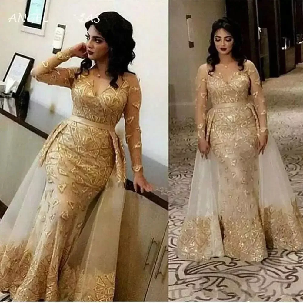 Glitter Gold Evening Gowns Arabic Sheer Long Sleeves Lace Mermaid Prom Dresses V Neck Tulle Applique Over Skirt Formal Party Gowns BC2911