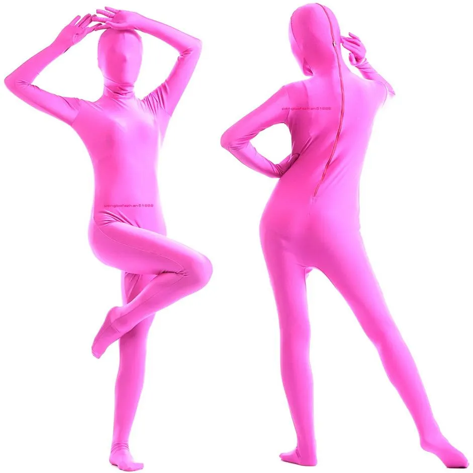 Unisex rosa lycra spandex catsuit dräkt full outfit sexiga kvinnor män bodysuit kostymer tillbaka blixtlås halloween fest fancy klänning cos240t