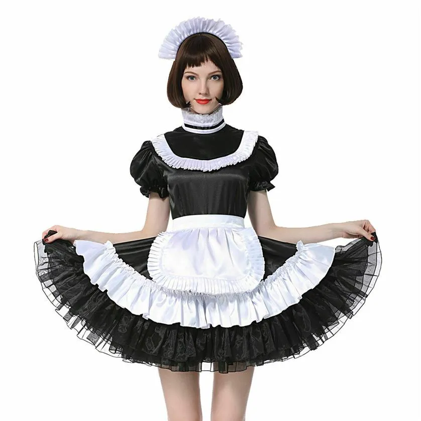 Sissy French Maid Lockable Black Satin Dress Costume Crossdress Pleated Style308a