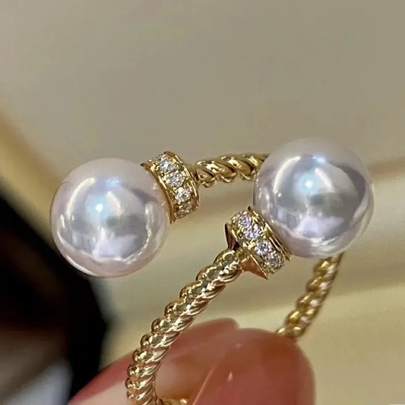 Huitan Korean Fashion Simulated Pearl Gold Color Ring for Women Temperament Resizable Finger Accessories Girls Trendy Jewelry