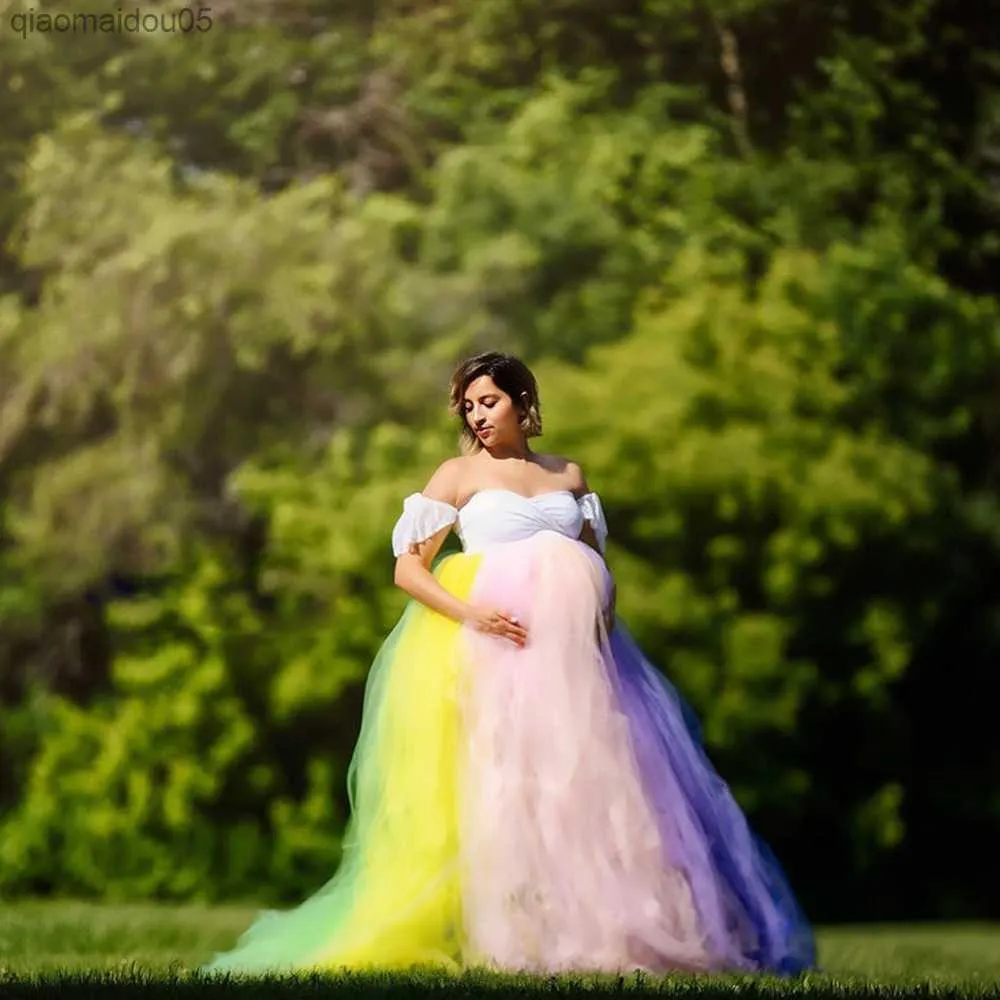 Chic Rainbow A-line Maternity Photoshoot Gown Baby Shower Dress