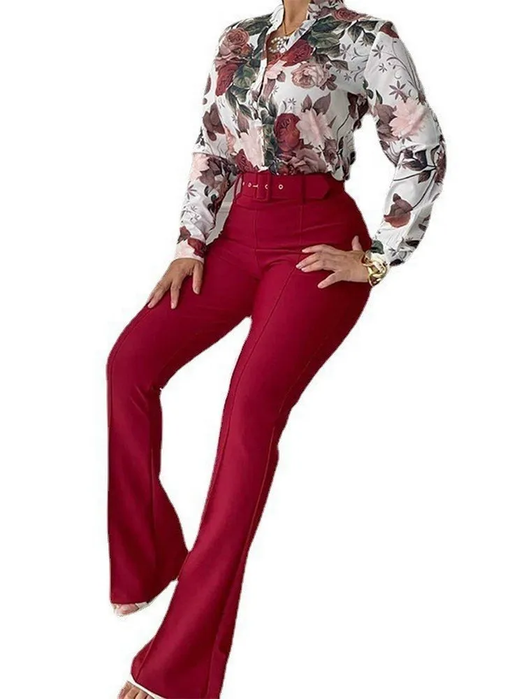 Pantalones de dos piezas para mujer, conjuntos elegantes de pantalón para  mujer, blusa básica de manga larga con estampado de letras florales y