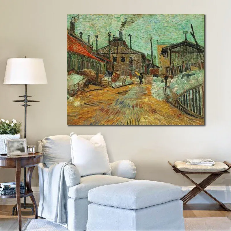 Handgemaakte canvas kunst Vincent van Gogh schilderij de fabriek in Asnières 1887 dorp landschap artwork badkamer decor