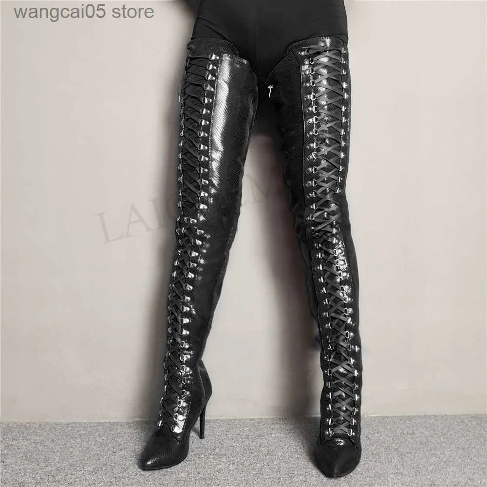 Boots SEXY Women Thigh High Boots Wide Calf Heeled Crotch Boots Lace Up Stiletto Heels Over Knee Botines Mujer Big Size 4-14 T230713