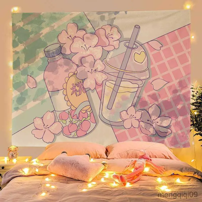 Tapeçarias Ins Menina Rosa Tapeçaria Flor de Pêssego Bonita Câmera de Sorvete Kawaii Decoração de Quarto Dormitório Decoração de Tecido Estético Fundo R230713