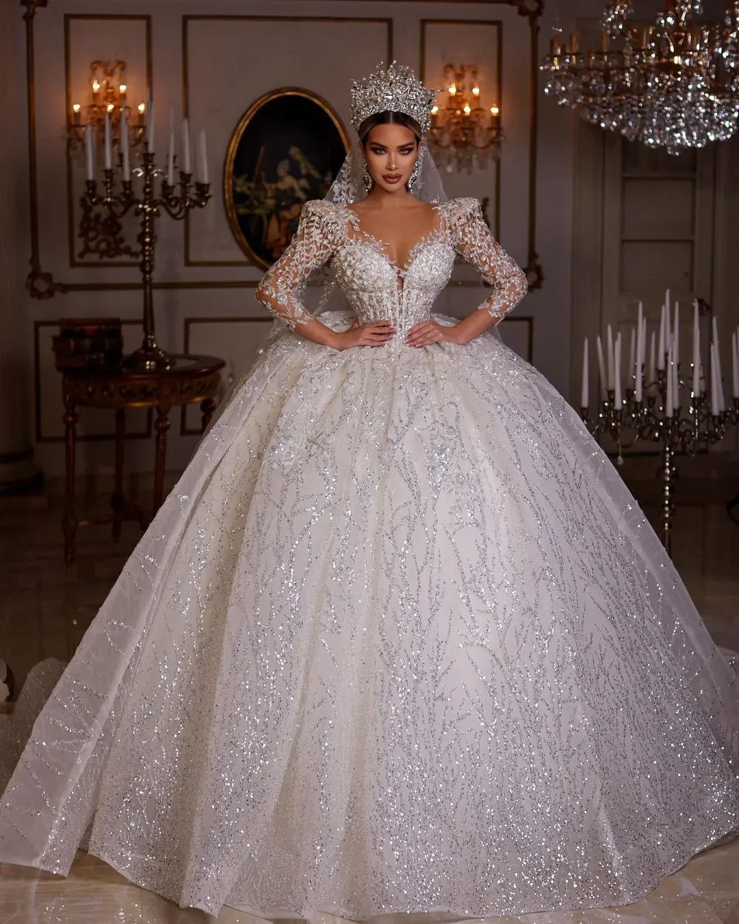 Princess Wedding Dress with V Neck, Beading, Illusion 3/4 Juliet Sleeves,  Sparkly Crystal Applique, Tulle Chapel Train Bride Gown from Dhgate A-Line Wedding  Dresses - price 1687.77